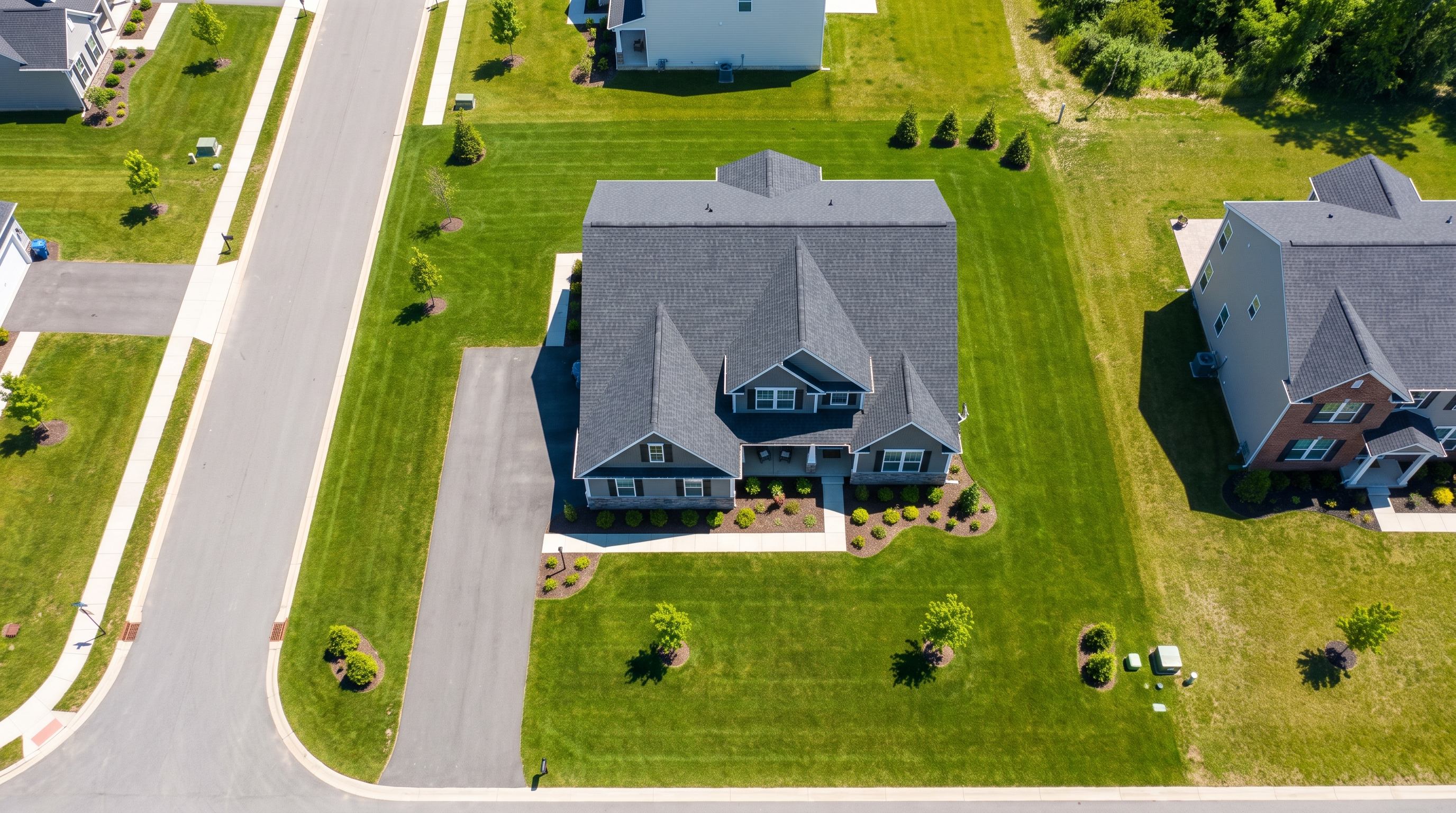 Aerial view of a new estate home and grounds