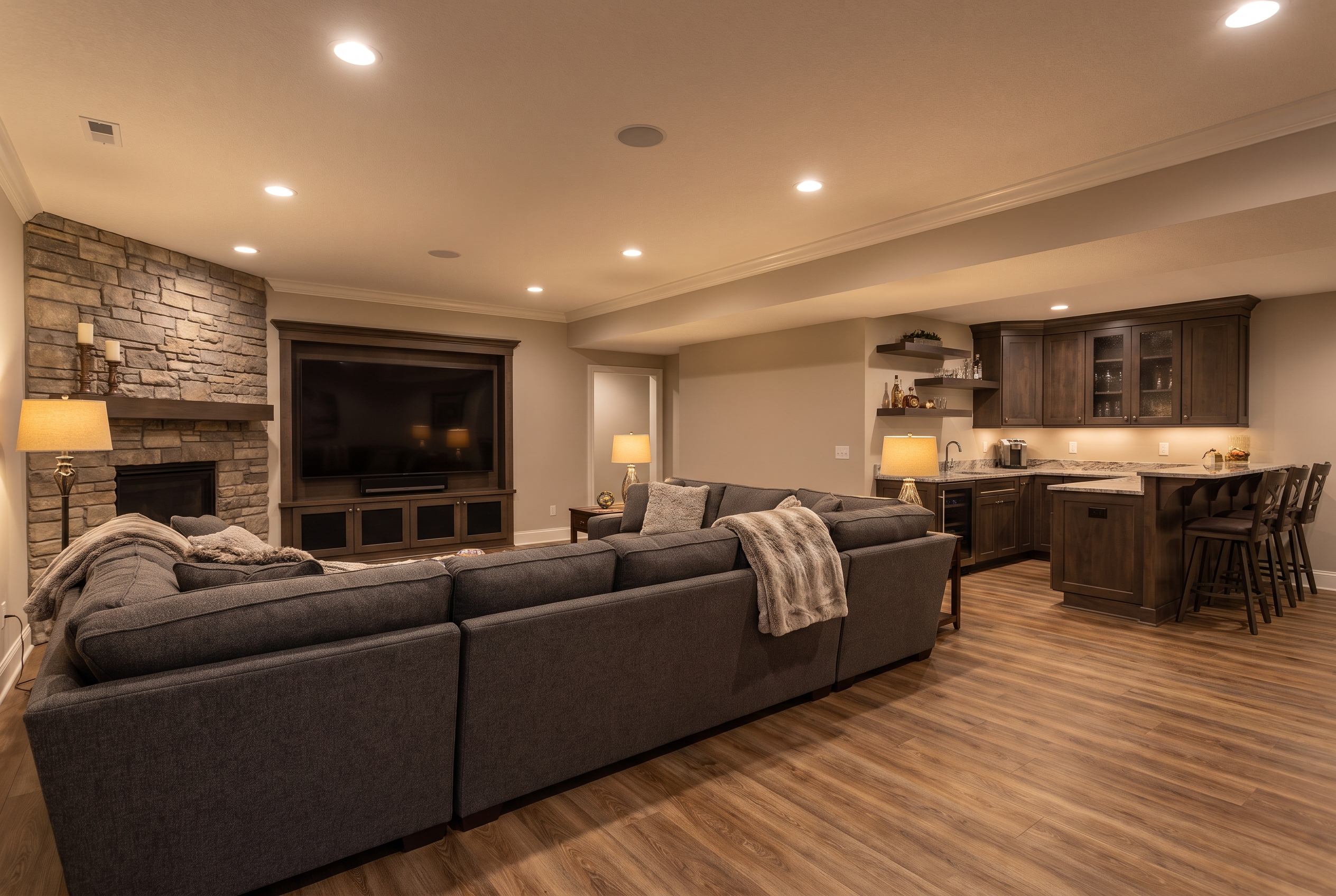 Finished basement suite with media room and wet bar