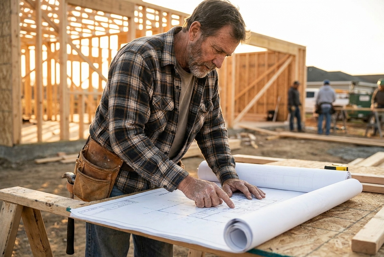 Builder reviewing plans on a job site