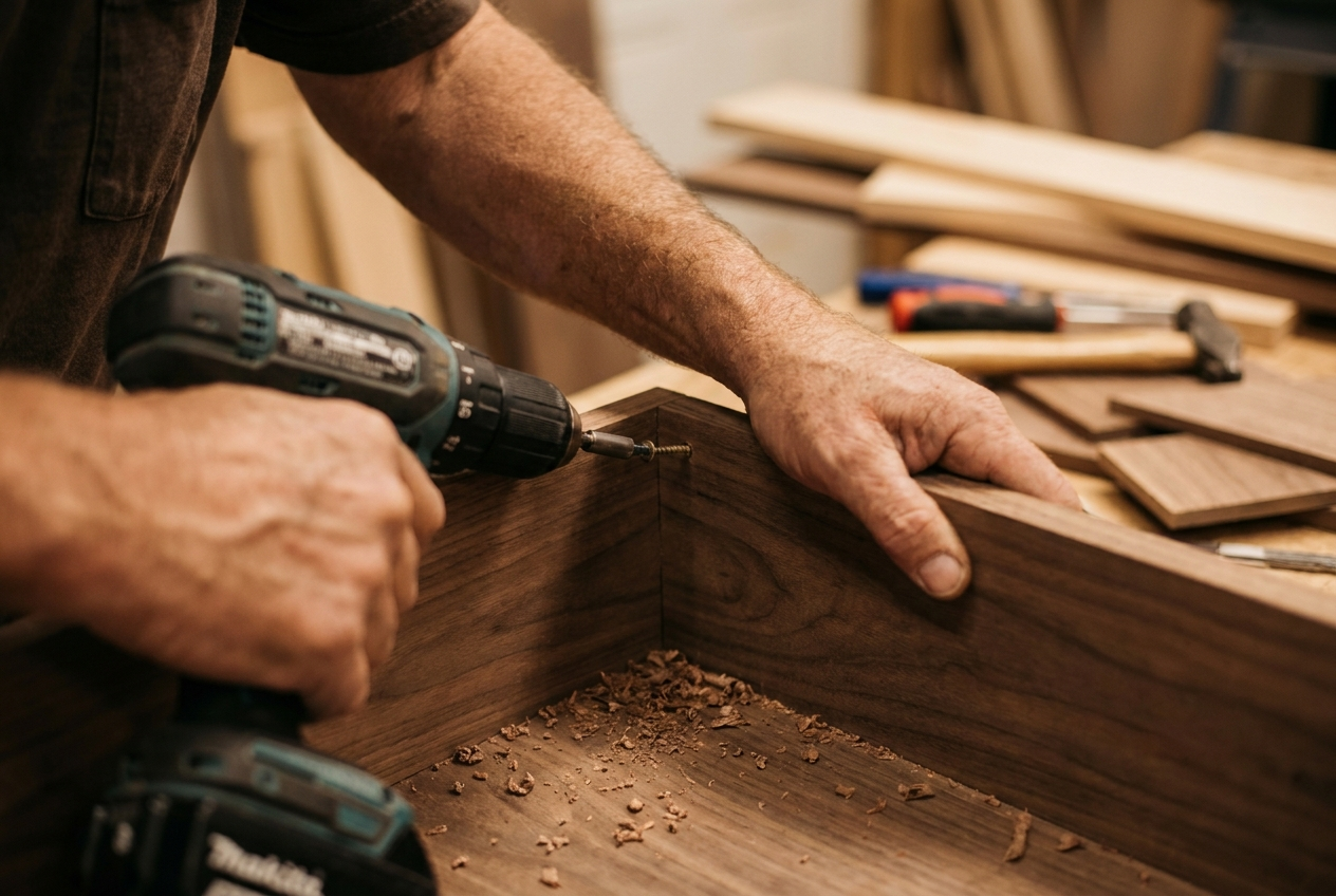 Craftsman's hands carefully installing cabinetry trim