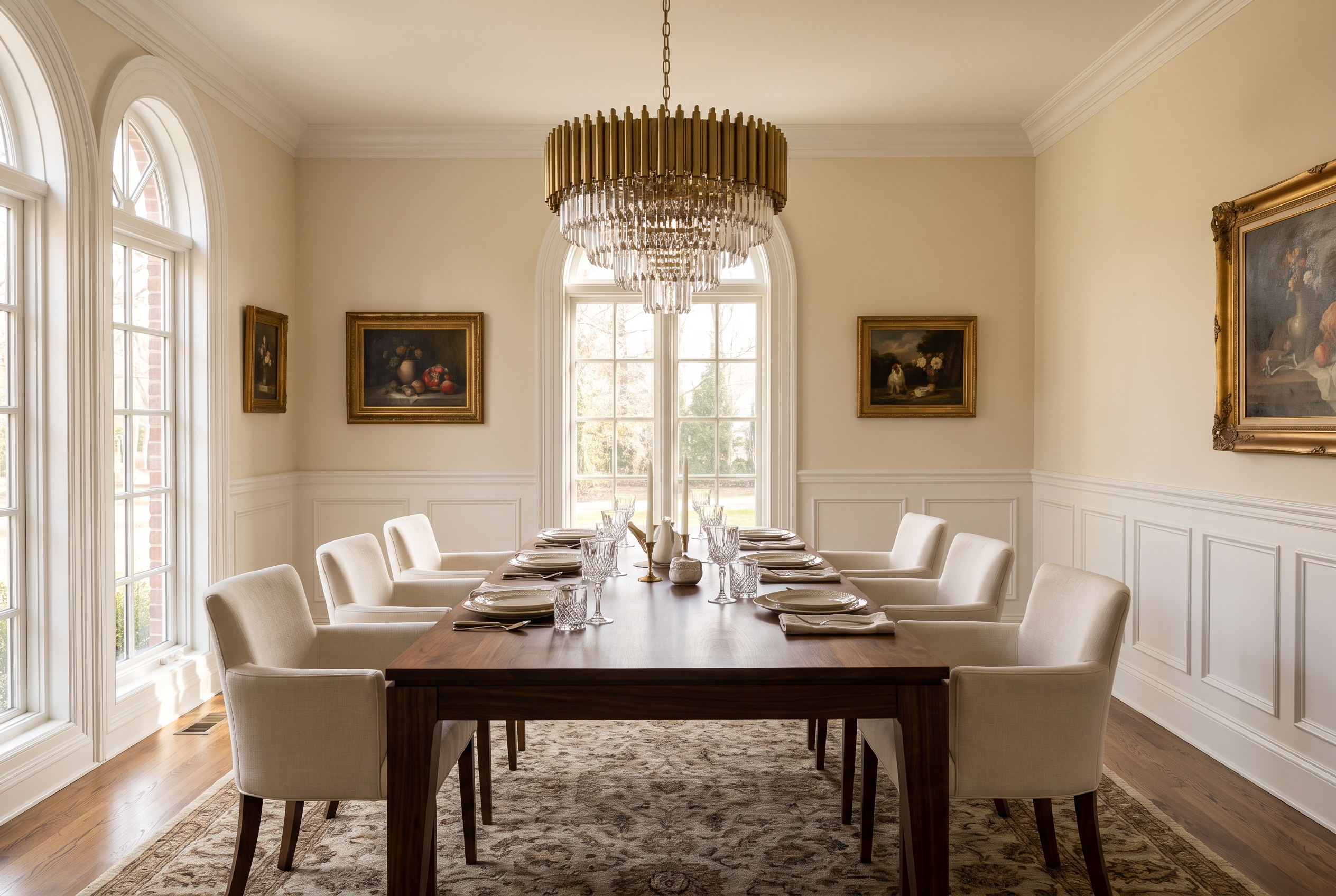 Elegant dining room with a chandelier set for dinner