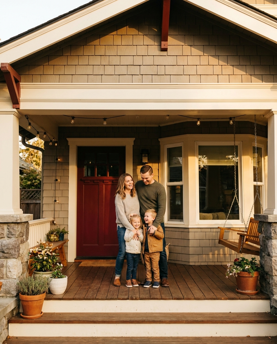 Young family together on their front porch