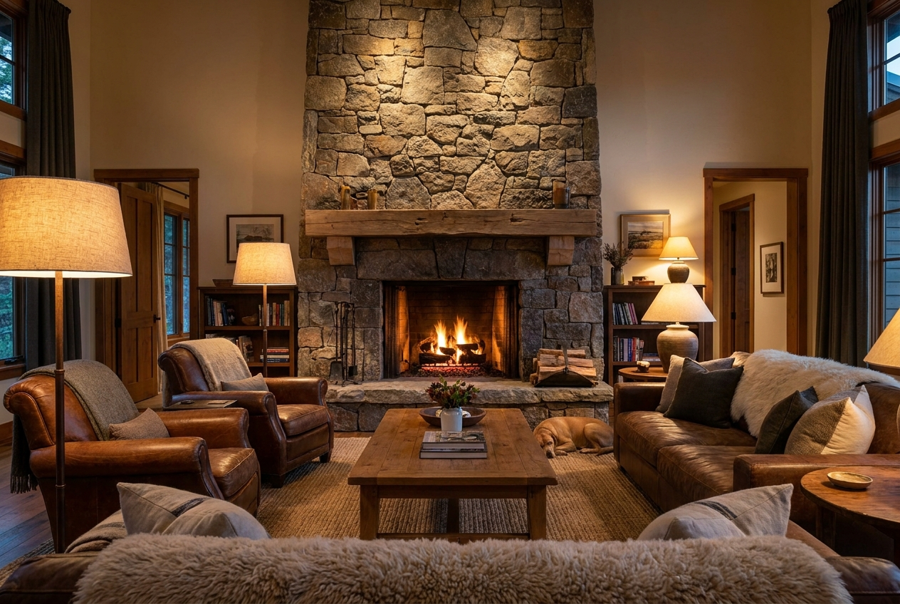 Cozy lounge with a lit fireplace in the evening
