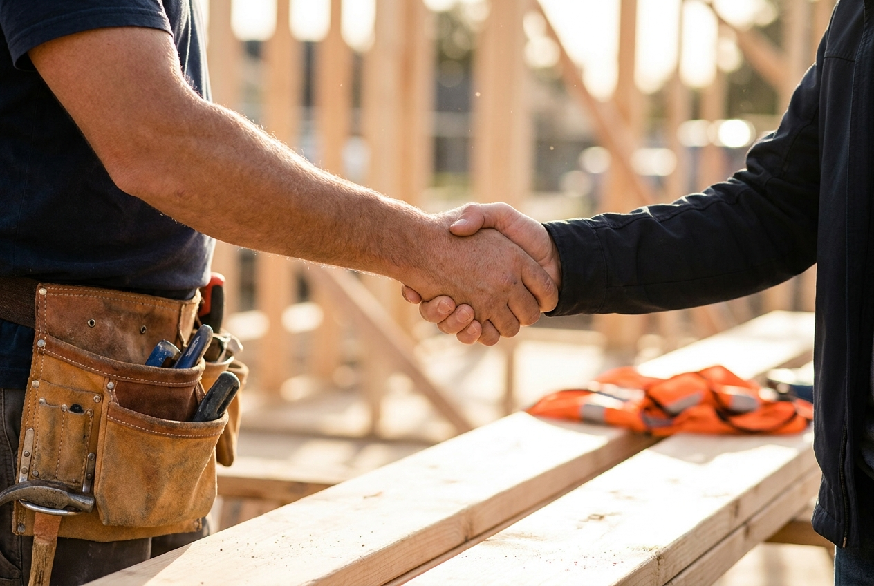 Firm handshake between builder wearing a tool belt and homeowner