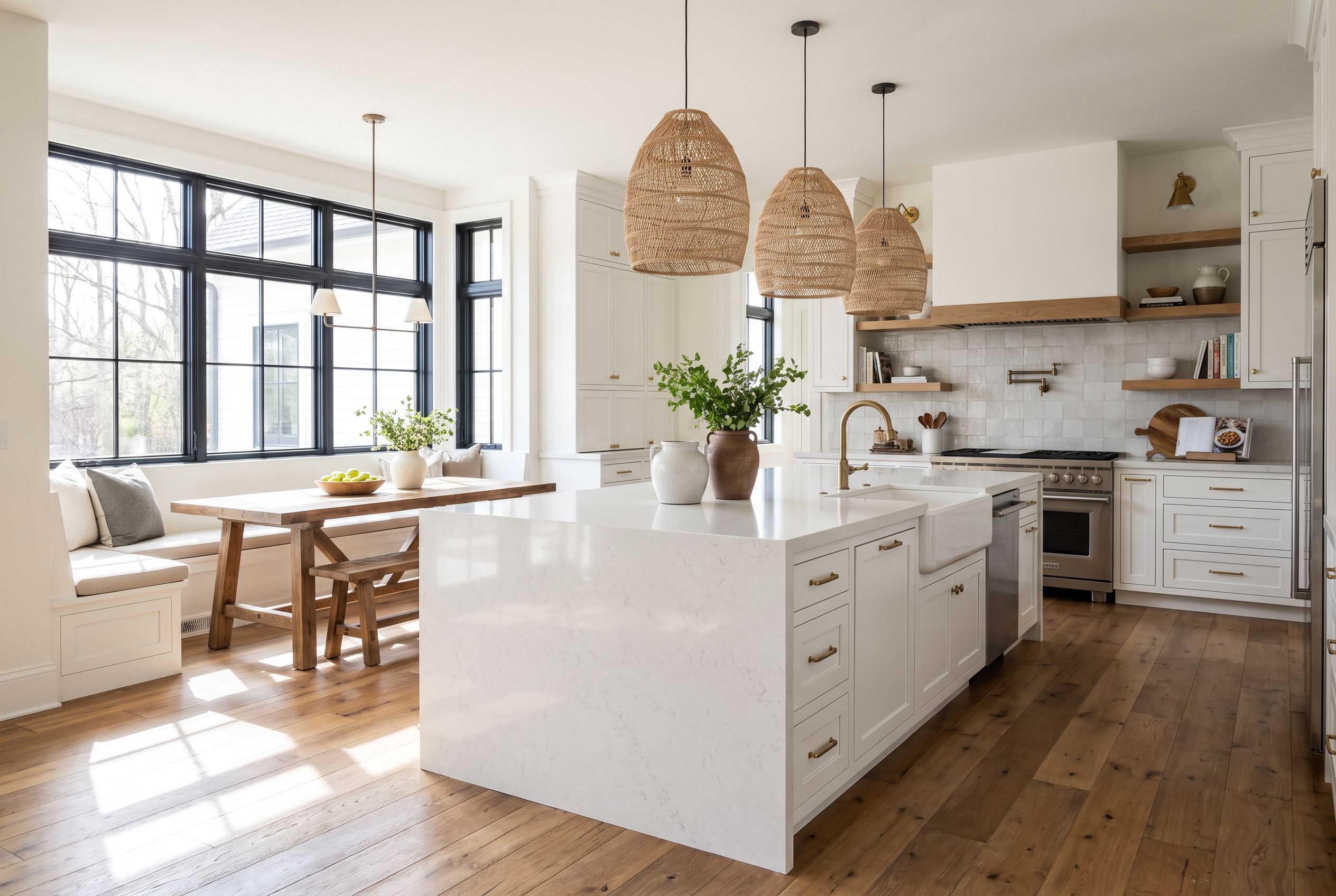Bright white kitchen with waterfall island, built for a busy family