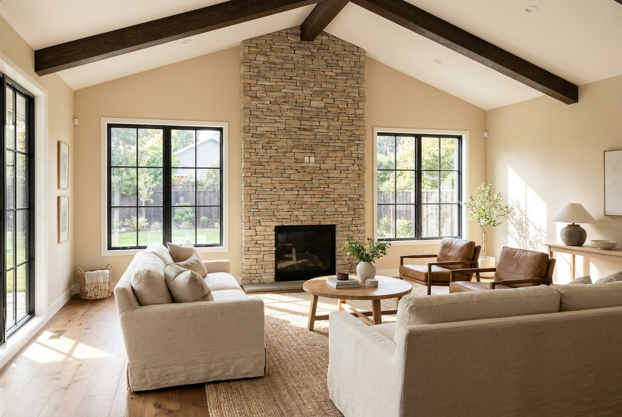 Warm living room with wood beams and stone fireplace