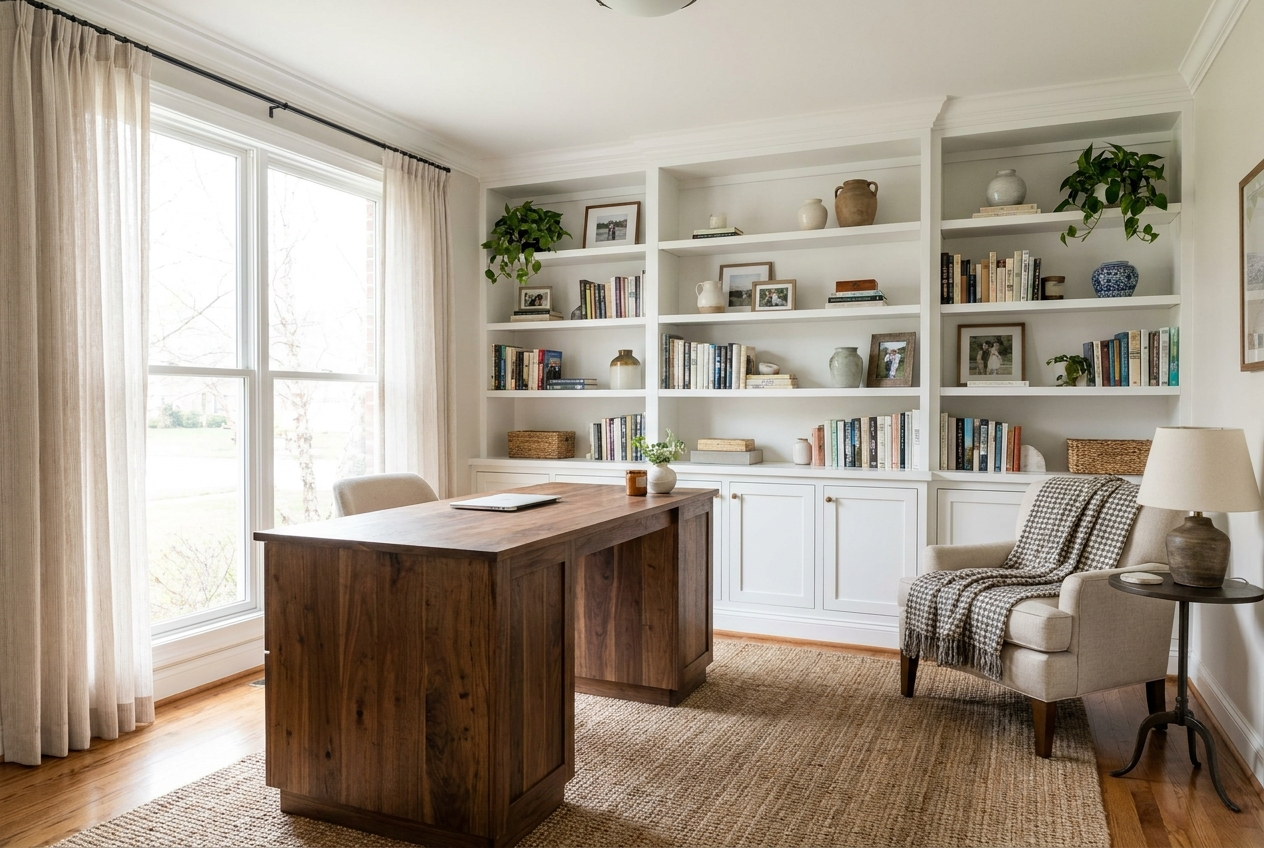 Bright home office with built-in shelving