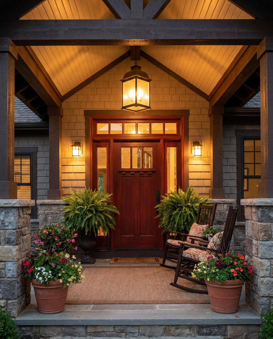 Craftsman front porch with a red door