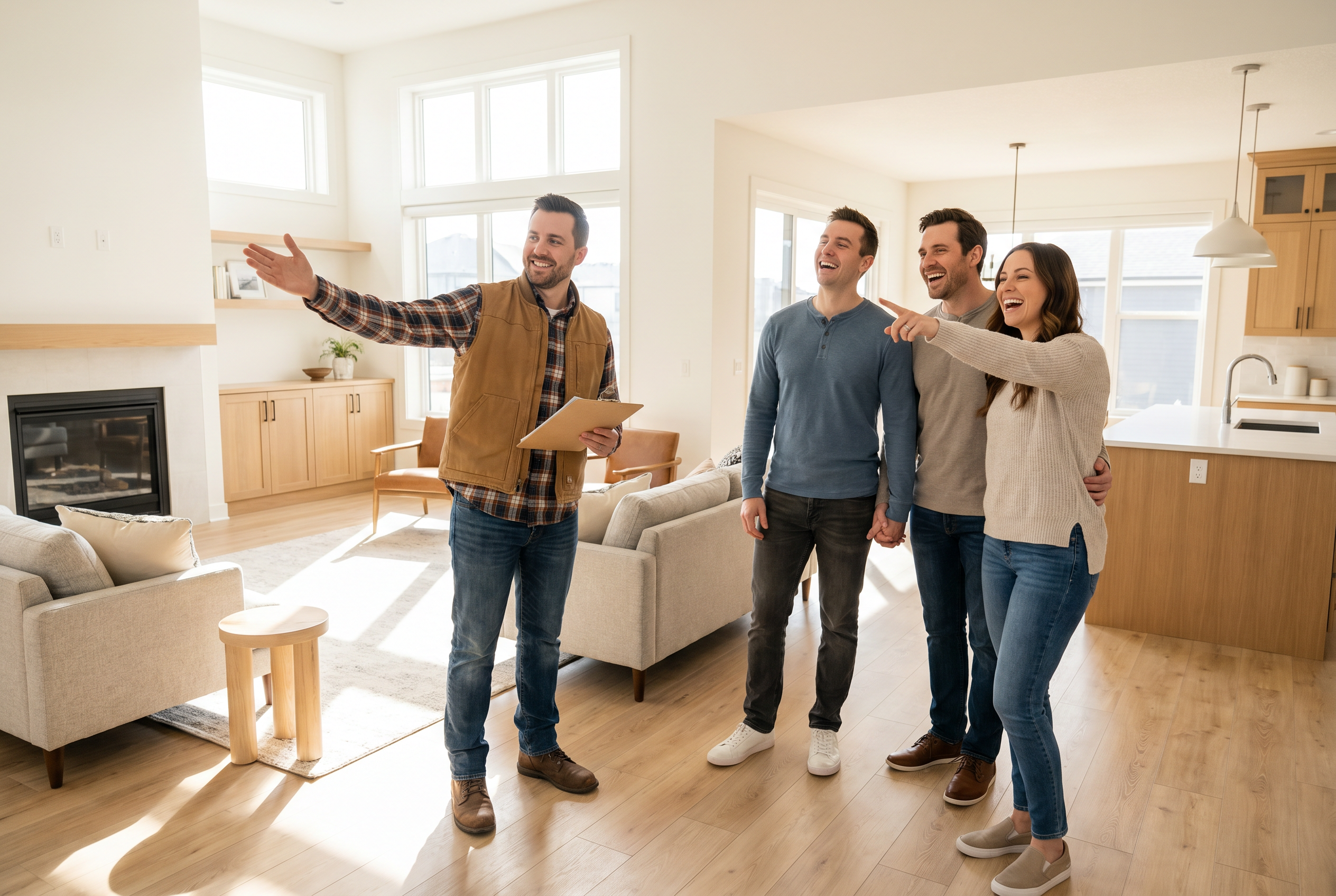 Builder walking a couple through their newly finished room